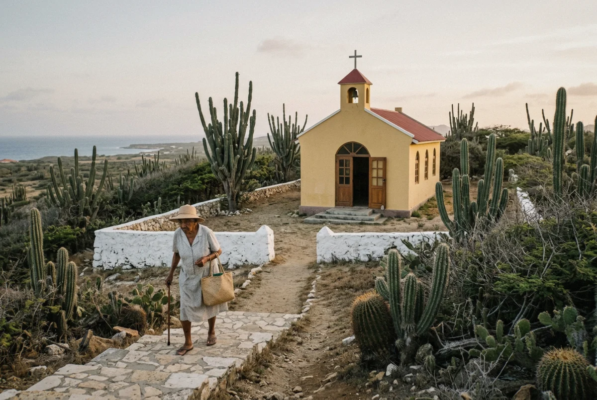 The small yellow Alto Vista Chapel on a cactus-covered hill in soft morning light during an Aruba photoshoot, Aruba
