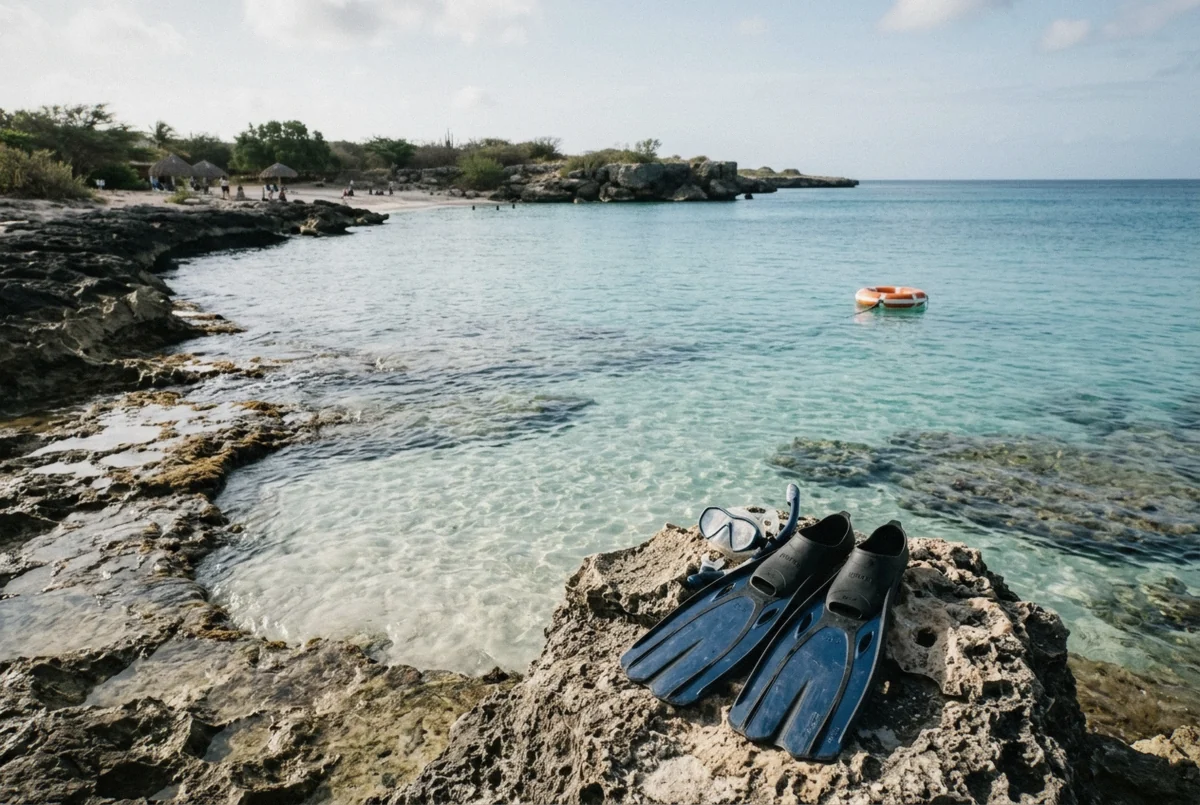 Clear turquoise water and low limestone rocks at Boca Catalina cove during a morning Aruba photoshoot, Aruba