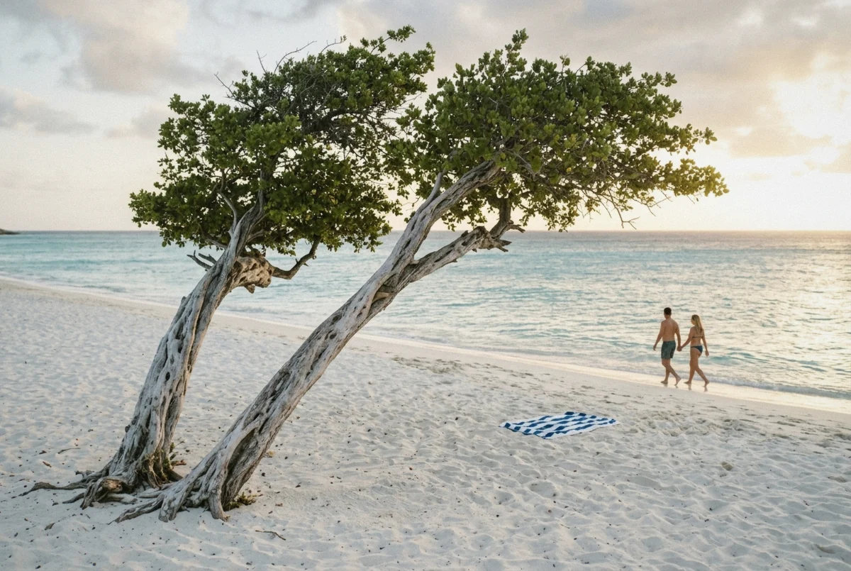 Wind-bent fofoti trees on the white sand of Eagle Beach at sunset, the signature Aruba photoshoot location, Aruba
