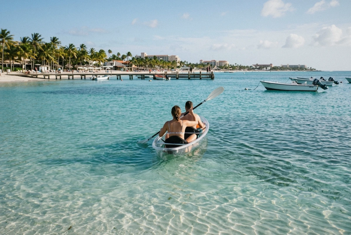Clear kayak on turquoise water off Palm Beach with the Hadicurari pier behind during an Aruba photoshoot, Aruba